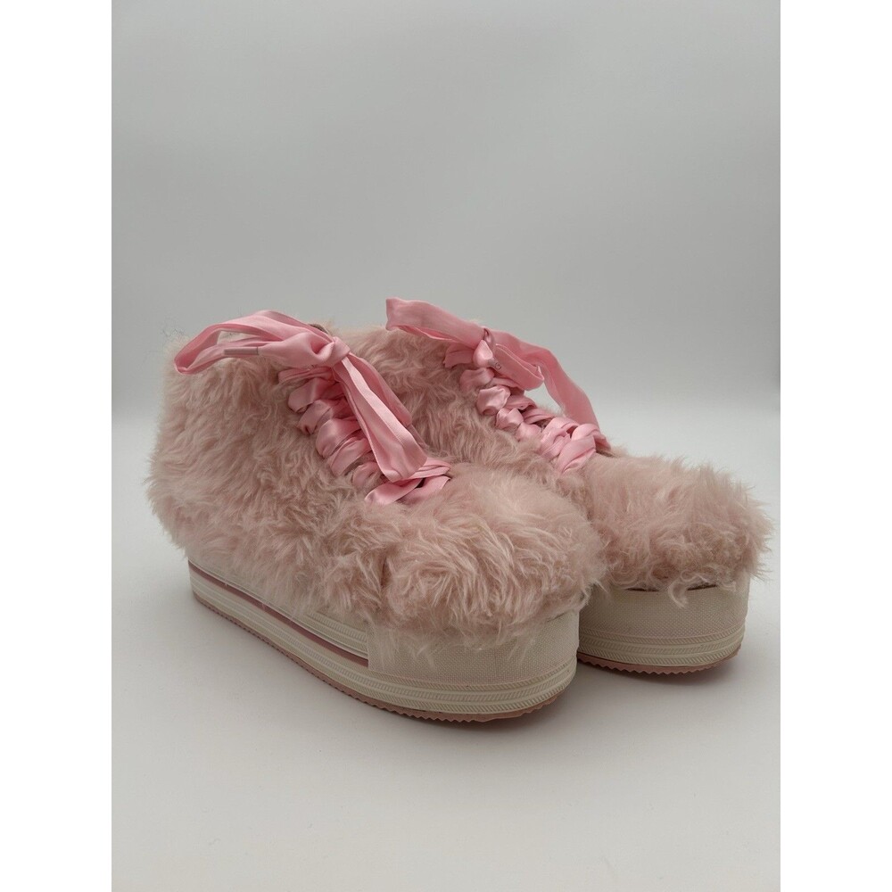 YRU Fuzzy Pink Platform Shoes Womens 8 Elevation Fur Monster High Lace Up